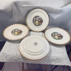 Vintage Cronin China Minerva Oh 9” Luncheon Plate Colonial Gold Rim USA Set of 7